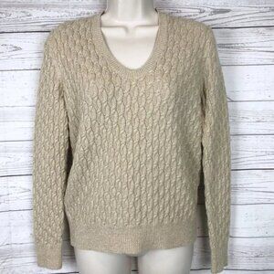 Lands End Metallic Cable Knit V-Neck Sweater Women’s M Gold Long Sleeve Pullover